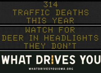 Traffic roadside graphic with text of the news article title.