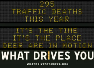 Traffic roadside graphic with text of the news article title.