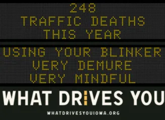 Traffic roadside graphic with text of the news article title.