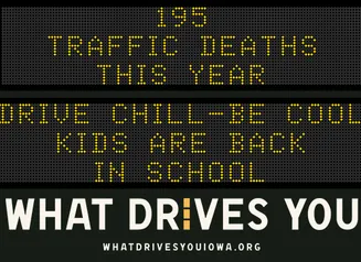 Traffic roadside graphic with text of the news article title.