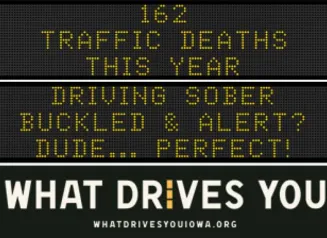 Traffic roadside graphic with text of the news article title.
