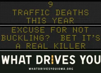 Traffic roadside graphic with text of the news article title.