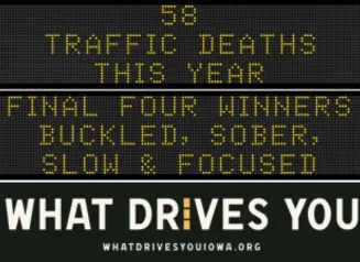 Traffic roadside graphic with text of the news article title.