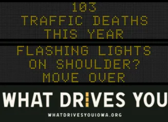 Traffic roadside graphic with text of the news article title.