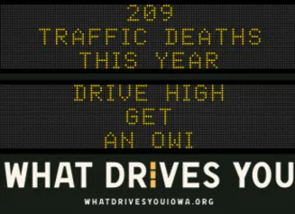Traffic roadside graphic with text of the news article title.