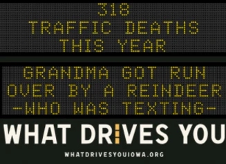 Traffic roadside graphic with text of the news article title.