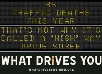 Traffic roadside graphic with text of the news article title.
