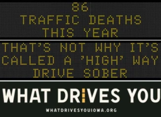 Traffic roadside graphic with text of the news article title.