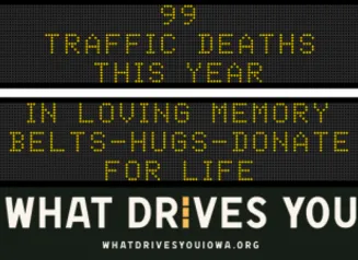Traffic roadside graphic with text of the news article title.