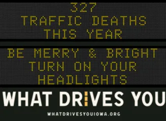 Traffic roadside graphic with text of the news article title.