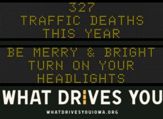 Traffic roadside graphic with text of the news article title.