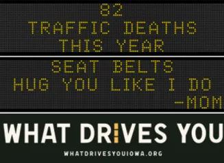 Traffic roadside graphic with text of the news article title.