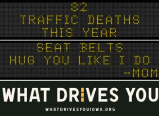 Traffic roadside graphic with text of the news article title.