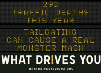 Traffic roadside graphic with text of the news article title.