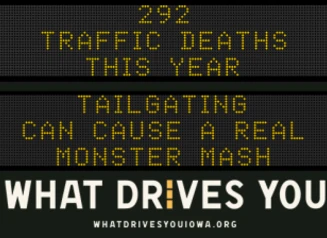 Traffic roadside graphic with text of the news article title.