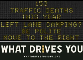 Traffic roadside graphic with text of the news article title.