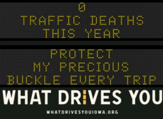 Traffic roadside graphic with text of the news article title.