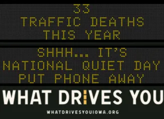 Traffic roadside graphic with text of the news article title.