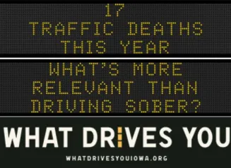 Traffic roadside graphic with text of the news article title.
