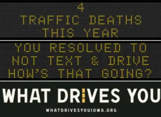 Traffic roadside graphic with text of the news article title.