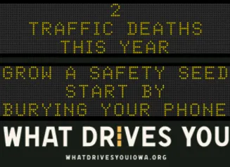 Traffic roadside graphic with text of the news article title.