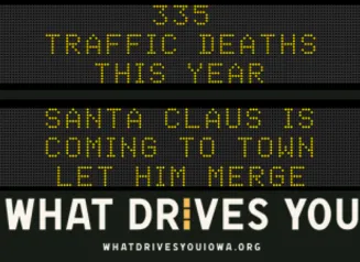 Traffic roadside graphic with text of the news article title.