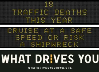 Traffic roadside graphic with text of the news article title.
