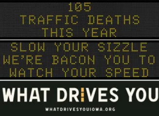 Traffic roadside graphic with text of the news article title.