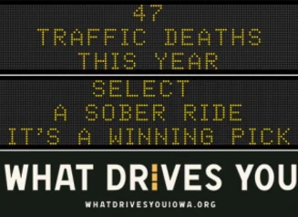 Traffic roadside graphic with text of the news article title.