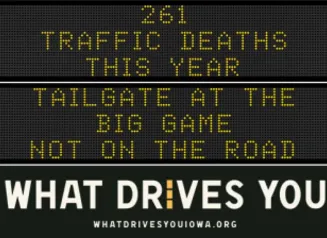 Traffic roadside graphic with text of the news article title.