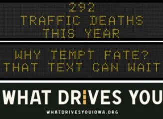 Traffic roadside graphic with text of the news article title.