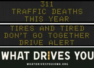 Traffic roadside graphic with text of the news article title.