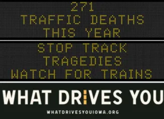 Traffic roadside graphic with text of the news article title.