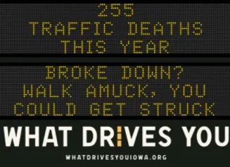 Traffic roadside graphic with text of the news article title.