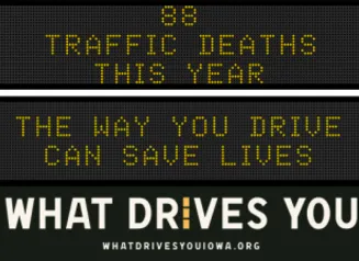 Traffic roadside graphic with text of the news article title.
