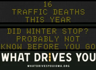 Traffic roadside graphic with text of the news article title.
