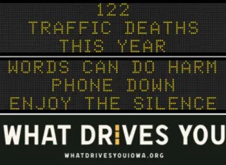 Traffic roadside graphic with text of the news article title.