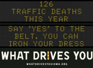 Traffic roadside graphic with text of the news article title.