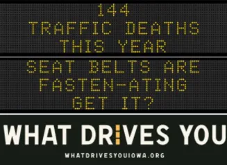 Traffic roadside graphic with text of the news article title.