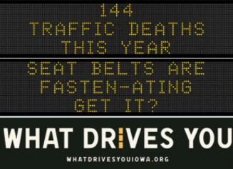 Traffic roadside graphic with text of the news article title.