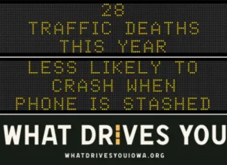 Traffic roadside graphic with text of the news article title.