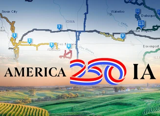 Iowa Byways map with America 250 IA logo on top of the map.