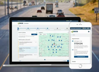 MVD 360 laptop and phone app screens with traffic photo in background.