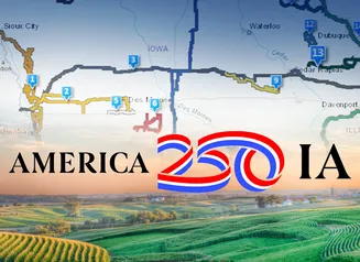 Artwork of Iowa map with America 250 logo