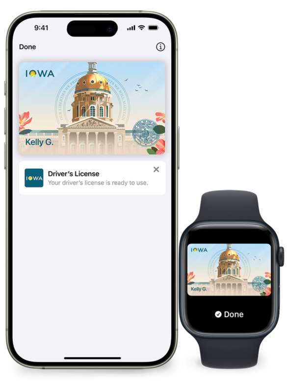 iPhone and Apple Watch with sample Iowa Mobile ID