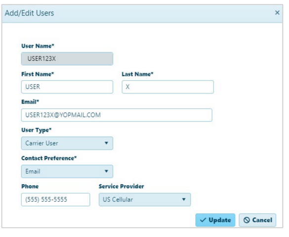 Edit User Pop Up Screenshot
