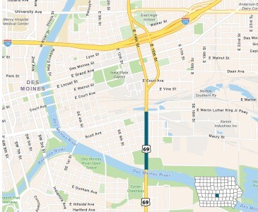 Map of affected area on U.S. 69/SE 14th Street in Des Moines