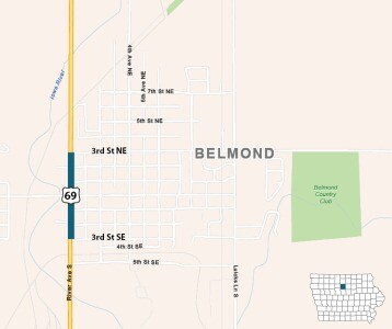Map of affected area on US 69 in Belmond