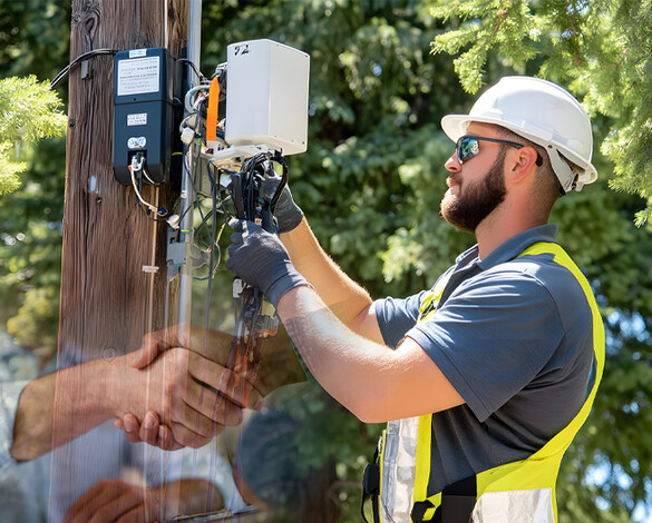 Worker connecting power to utility pole