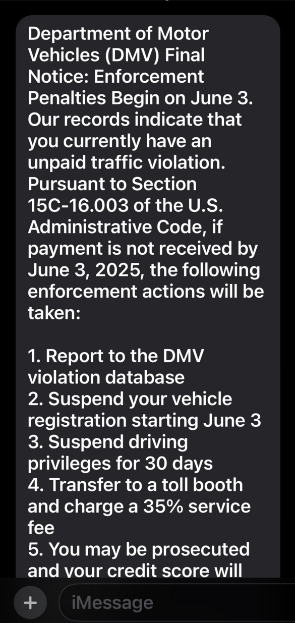 Sample of scam text message